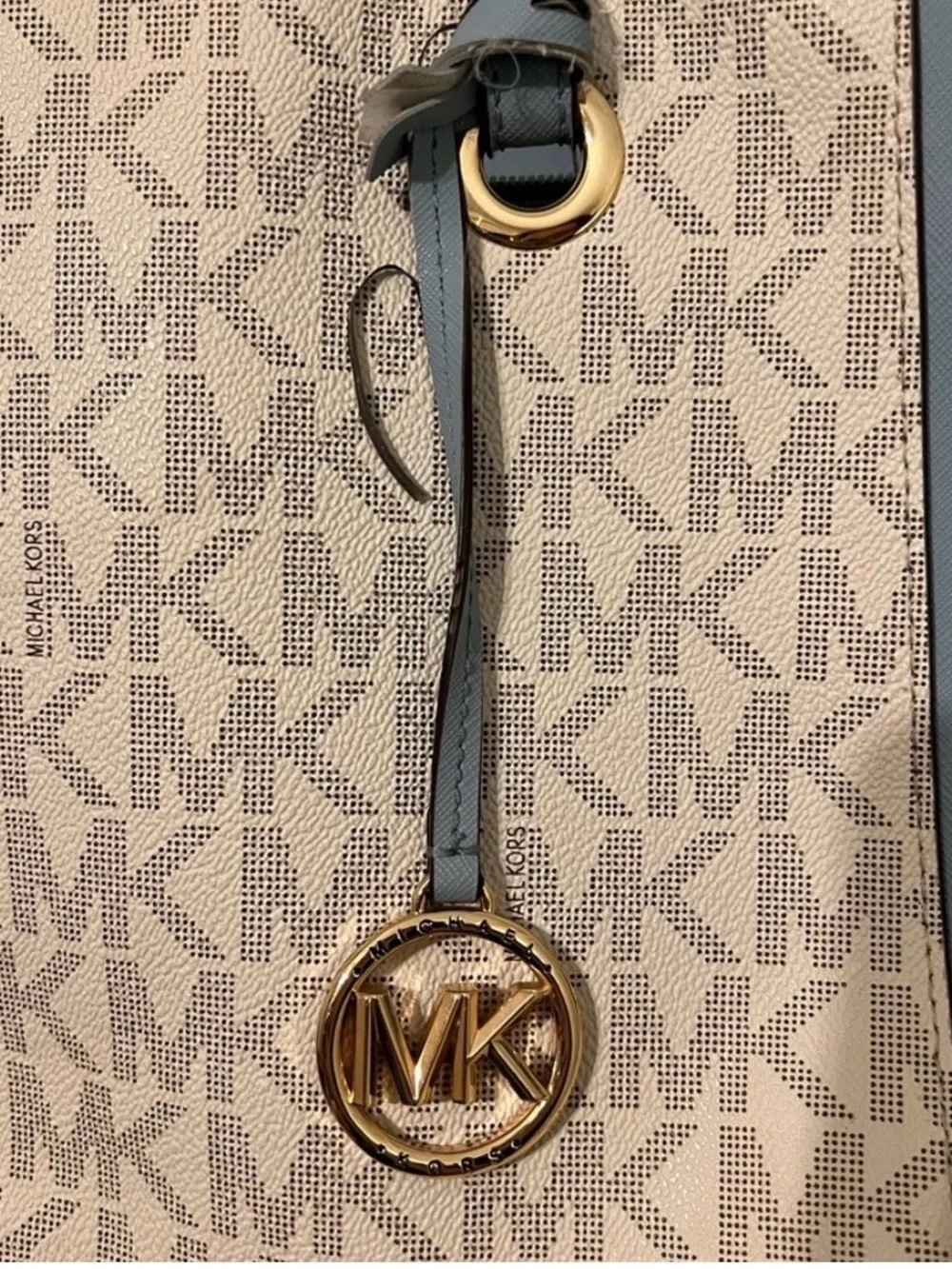 Michael Kors Blue Trim Signature MK Tote with Gold Hardware